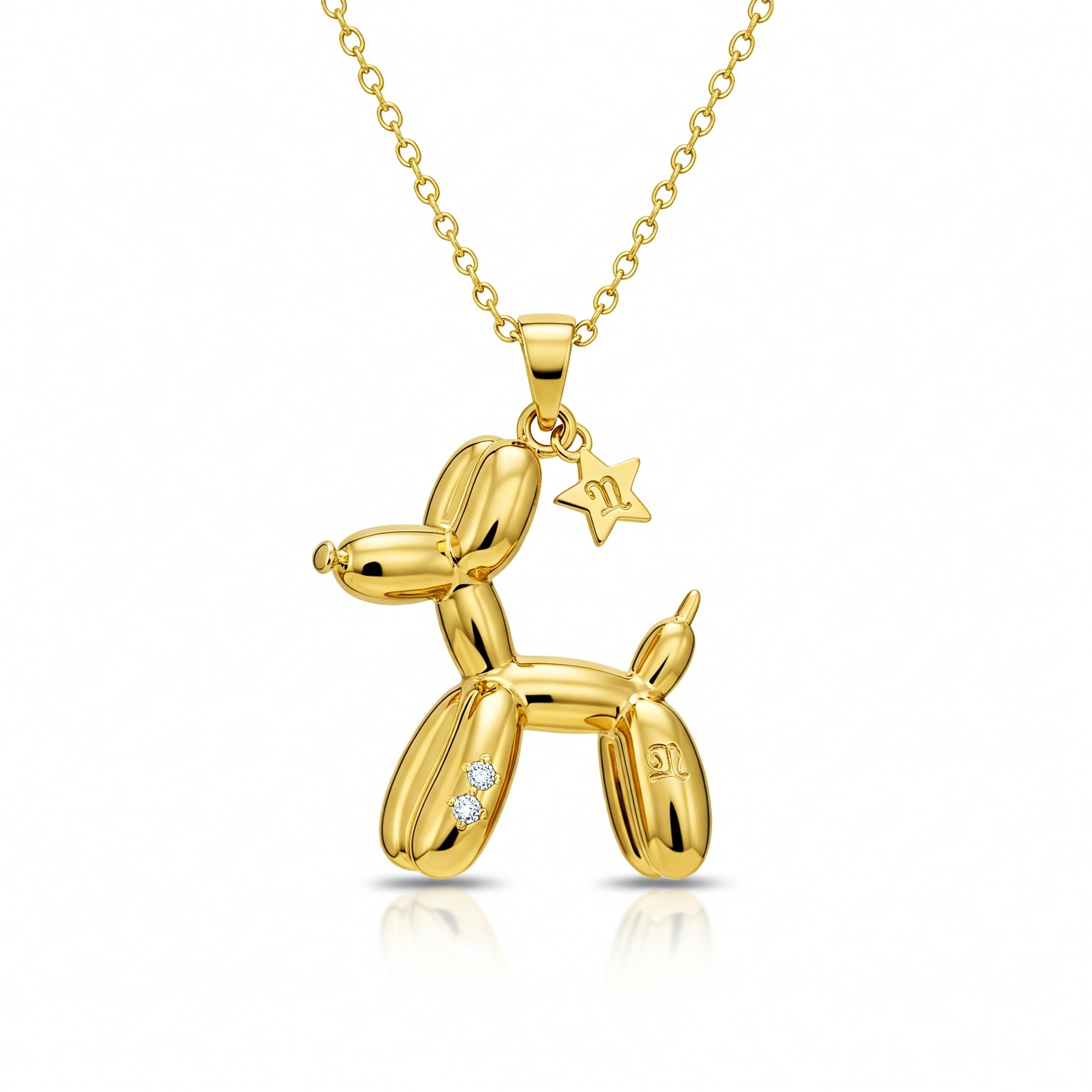 Gold Balloon Dog Pendant Necklace - Stainless Steel with Diamond-like Stones and Star Charm